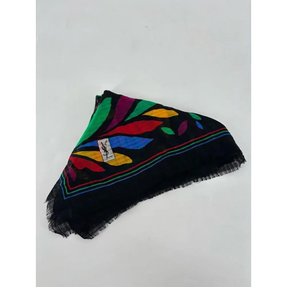 YSL Vintage Scarf Shawl Womens Black Multicolor Floral Fringe Sheer Wool Logo